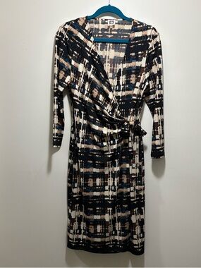Anne Klein Black, Cream & Brown Abstract Wrap Midi Dress with 10